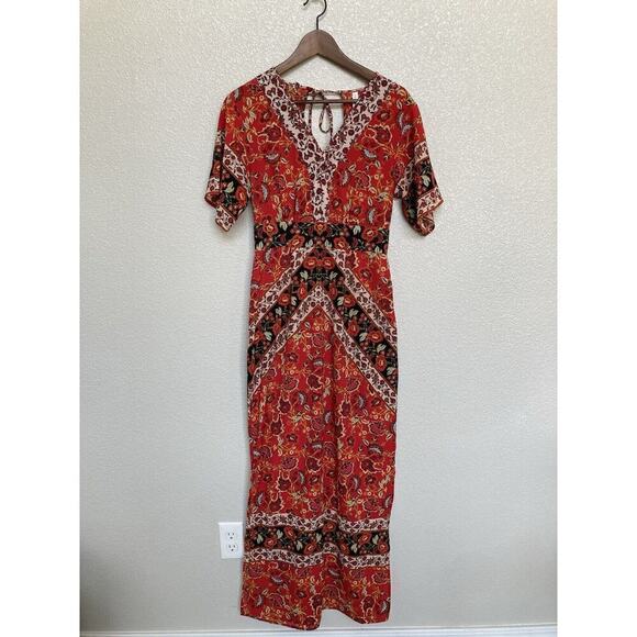 Xhilaration boho maxi dress kaftan red small long hippie beachy v-neck vacation - Picture 1 of 7